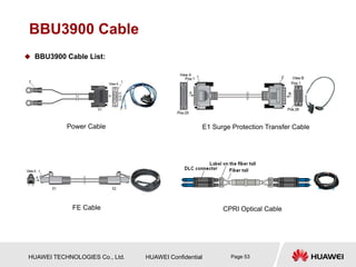 HUAWEI TECHNOLOGIES Co., Ltd. HUAWEI Confidential Page 53
BBU3900 Cable
 BBU3900 Cable List:
Power Cable E1 Surge Protection Transfer Cable
FE Cable CPRI Optical Cable
 