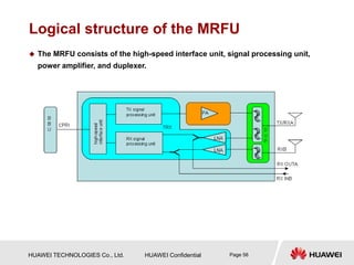 HUAWEI TECHNOLOGIES Co., Ltd. HUAWEI Confidential Page 56
Logical structure of the MRFU
 The MRFU consists of the high-speed interface unit, signal processing unit,
power amplifier, and duplexer.
 