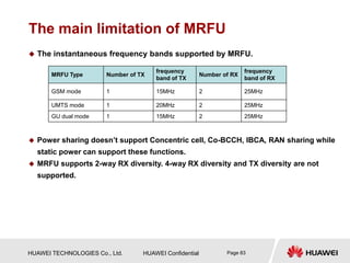 HUAWEI TECHNOLOGIES Co., Ltd. HUAWEI Confidential Page 83
The main limitation of MRFU
 The instantaneous frequency bands supported by MRFU.
 Power sharing doesn’t support Concentric cell, Co-BCCH, IBCA, RAN sharing while
static power can support these functions.
 MRFU supports 2-way RX diversity. 4-way RX diversity and TX diversity are not
supported.
MRFU Type Number of TX
frequency
band of TX
Number of RX
frequency
band of RX
GSM mode 1 15MHz 2 25MHz
UMTS mode 1 20MHz 2 25MHz
GU dual mode 1 15MHz 2 25MHz
 