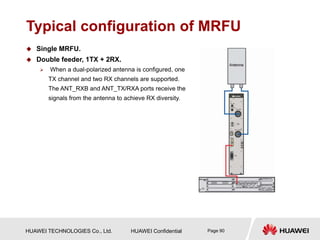 HUAWEI TECHNOLOGIES Co., Ltd. HUAWEI Confidential Page 90
Typical configuration of MRFU
 Single MRFU.
 Double feeder, 1TX + 2RX.
 When a dual-polarized antenna is configured, one
TX channel and two RX channels are supported.
The ANT_RXB and ANT_TX/RXA ports receive the
signals from the antenna to achieve RX diversity.
 