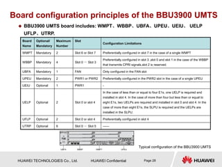 HUAWEI TECHNOLOGIES Co., Ltd. HUAWEI Confidential Page 28
Board configuration principles of the BBU3900 UMTS
 BBU3900 UMT...
