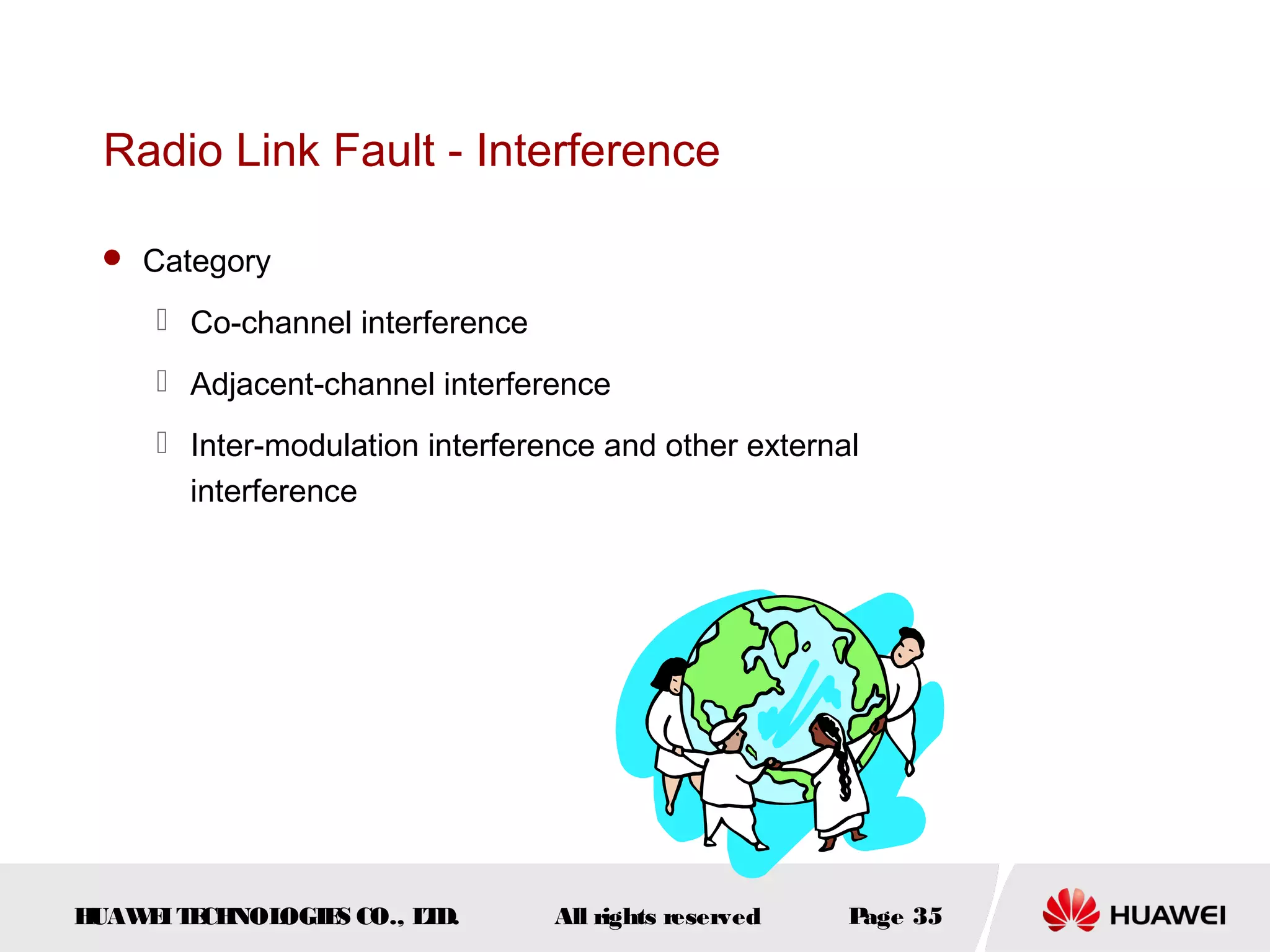 Radio Link Fault - Interference

  Category

      Co-channel interference
      Adjacent-channel interference
      Inter-modulation interference and other external
       interference




HUAW I T CH
    E E NOL OGIE CO., L D.
                S      T         All rights reserved   Page 35
 
