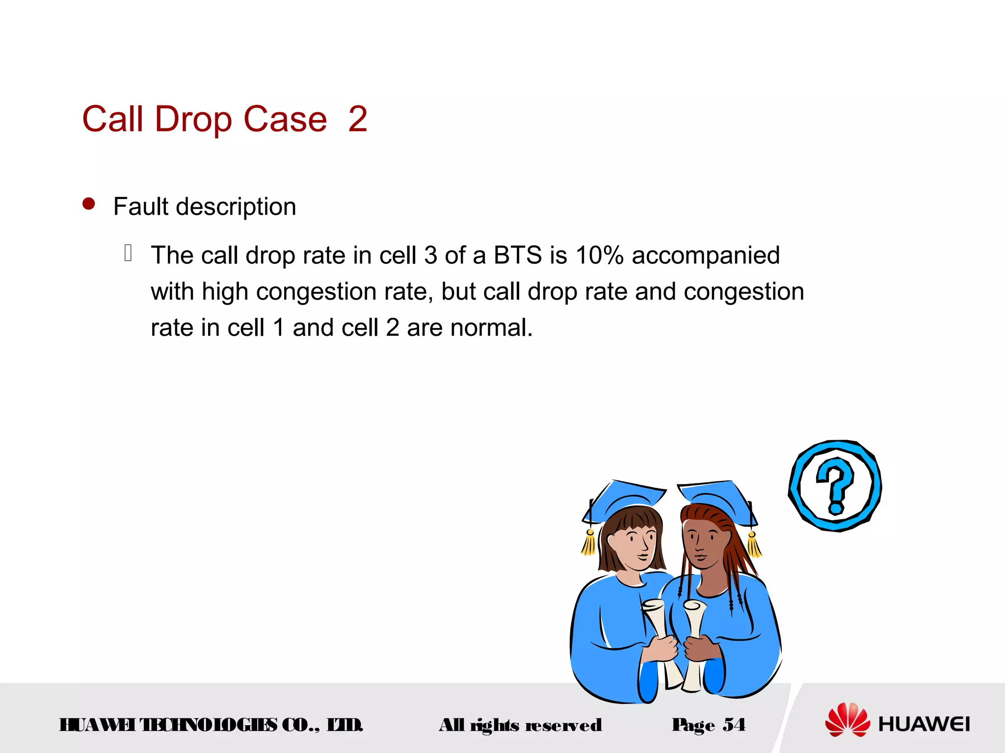 Call Drop Case 2

  Fault description

      The call drop rate in cell 3 of a BTS is 10% accompanied
       with high congestion rate, but call drop rate and congestion
       rate in cell 1 and cell 2 are normal.




HUAW I T CH
    E E NOL OGIE CO., L D.
                S      T         All rights reserved   Page 54
 