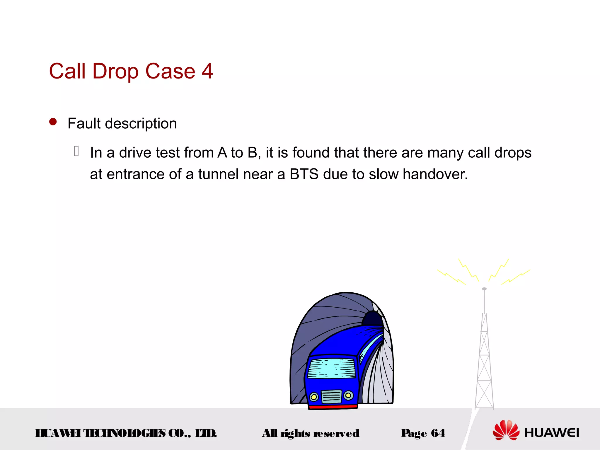 Call Drop Case 4

  Fault description

      In a drive test from A to B, it is found that there are many call drops
       at entrance of a tunnel near a BTS due to slow handover.




HUAW I T CH
    E E NOL OGIE CO., L D.
                S      T          All rights reserved    Page 64
 
