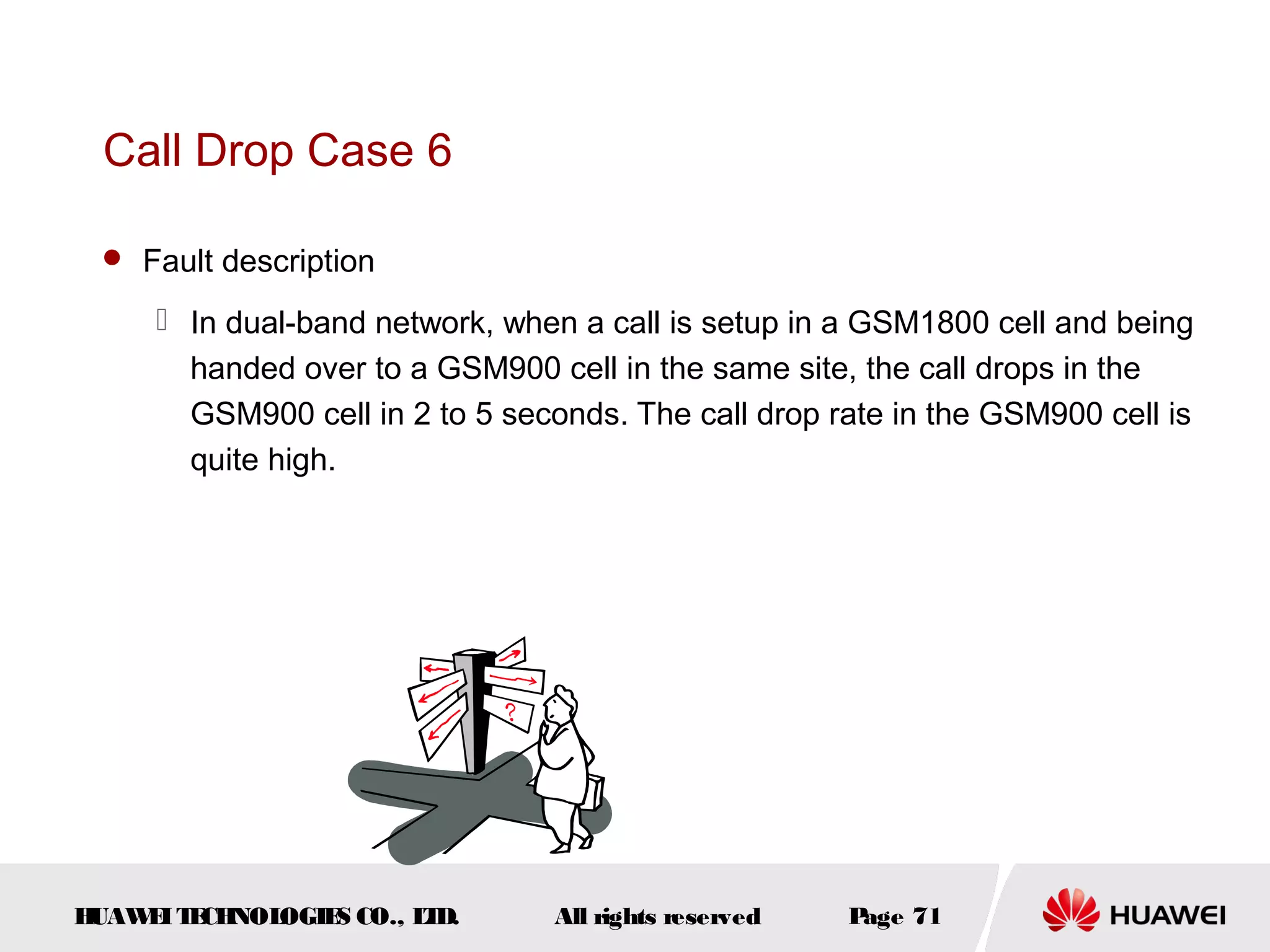 Call Drop Case 6

  Fault description

      In dual-band network, when a call is setup in a GSM1800 cell and being
       handed over to a GSM900 cell in the same site, the call drops in the
       GSM900 cell in 2 to 5 seconds. The call drop rate in the GSM900 cell is
       quite high.




HUAW I T CH
    E E NOL OGIE CO., L D.
                S      T         All rights reserved   Page 71
 