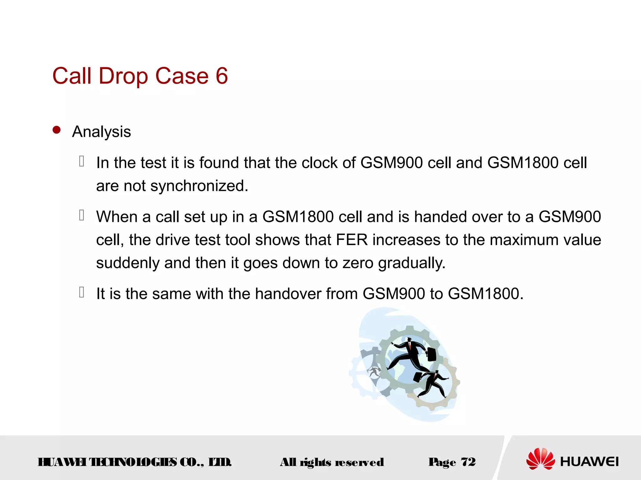 Call Drop Case 6

  Analysis

      In the test it is found that the clock of GSM900 cell and GSM1800 cell
       are not synchronized.
      When a call set up in a GSM1800 cell and is handed over to a GSM900
       cell, the drive test tool shows that FER increases to the maximum value
       suddenly and then it goes down to zero gradually.
      It is the same with the handover from GSM900 to GSM1800.




HUAW I T CH
    E E NOL OGIE CO., L D.
                S      T         All rights reserved   Page 72
 