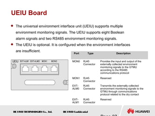 H
UAW
E
IT
E
CH
NOL
OGIE
S Co., L
td. H
UAW
E
IConfidential
UEIU Board
 The universal environment interface unit (UEIU) supports multiple
environment monitoring signals. The UEIU supports eight Boolean
alarm signals and two RS485 environment monitoring signals.
 The UEIU is optional. It is configured when the environment interfaces
are insufficient.
Port Type Description
MON0 RJ45
Connector
Provides the input and output of the
externally collected environment
monitoring signals to the GTMU
according to the RS485
communications protocol
MON1 RJ45
Connector
Reserved
EXT-
ALM0
RJ45
Connector
Transmits the externally collected
environment monitoring signals to the
GTMU through communications
protocol related to the dry contact
EXT-
ALM1
RJ45
Connector
Reserved
 