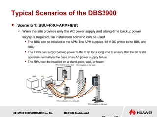 H
UAW
E
IT
E
CH
NOL
OGIE
S Co., L
td. H
UAW
E
IConfidential
Typical Scenarios of the DBS3900
 Scenario 1: BBU+RRU+APM+IBBS
 When the site provides only the AC power supply and a long-time backup power
supply is required, the installation scenario can be used.
 The BBU can be installed in the APM. The APM supplies -48 V DC power to the BBU and
RRU.
 The IBBS can supply backup power to the BTS for a long time to ensure that the BTS still
operates normally in the case of an AC power supply failure.
 The RRU can be installed on a stand, pole, wall, or tower.
 