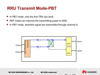 H
UAW
E
IT
E
CH
NOL
OGIE
S Co., L
td. H
UAW
E
IConfidential
RRU Transmit Mode-PBT
 In PBT mode, only the first TRX can work.
 PBT mode can improve the transmitting power to 40W.
 In PBT mode, downlink signal are transmitted through channel A.
Interface
Processing
Unit
DUP
DUP
CPRI-E
CPRI-W
ANTA
ANTB
 