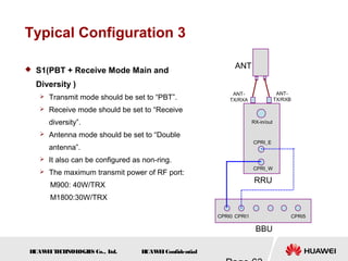 H
UAW
E
IT
E
CH
NOL
OGIE
S Co., L
td. H
UAW
E
IConfidential
Typical Configuration 3
 S1(PBT + Receive Mode Main and
Diversity )
 Transmit mode should be set to “PBT”.
 Receive mode should be set to “Receive
diversity”.
 Antenna mode should be set to “Double
antenna”.
 It also can be configured as non-ring.
 The maximum transmit power of RF port:
M900: 40W/TRX
M1800:30W/TRX
BBU
CPRI5
CPRI0 CPRI1
RRU
CPRI_E
CPRI_W
RX-in/out
ANT-
TX/RXB
ANT-
TX/RXA
ANT
 