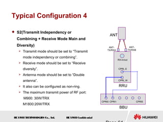 H
UAW
E
IT
E
CH
NOL
OGIE
S Co., L
td. H
UAW
E
IConfidential
Typical Configuration 4
 S2(Transmit Independency or
Combining + Receive Mode Main and
Diversity)
 Transmit mode should be set to “Transmit
mode independency or combining”.
 Receive mode should be set to “Receive
diversity”.
 Antenna mode should be set to “Double
antenna”.
 It also can be configured as non-ring.
 The maximum transmit power of RF port:
M900: 30W/TRX
M1800:20W/TRX
BBU
CPRI5
CPRI0 CPRI1
RRU
CPRI_E
CPRI_W
RX-in/out
ANT-
TX/RXB
ANT-
TX/RXA
ANT
 