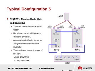 H
UAW
E
IT
E
CH
NOL
OGIE
S Co., L
td. H
UAW
E
IConfidential
Typical Configuration 5
 S2 (PBT + Receive Mode Main
and Diversity)
 Transmit mode should be set to
“PBT”.
 Receive mode should be set to
“Receive diversity”.
 Antenna mode should be set to
“Single antenna and receive
diversity”.
 The maximum transmit power of
RF port:
M900: 40W/TRX
M1800:30W/TRX
RRU
CPRI_E
CPRI_W
RX-in/out
ANT-
TX/RXB
ANT-
TX/RXA
ANT
BBU
CPRI5
CPRI0 CPRI1
RRU
CPRI_E
CPRI_W
RX-in/out
ANT-
TX/RXB
ANT-
TX/RXA
 