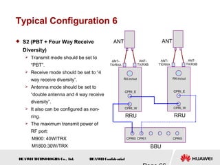 H
UAW
E
IT
E
CH
NOL
OGIE
S Co., L
td. H
UAW
E
IConfidential
Typical Configuration 6
 S2 (PBT + Four Way Receive
Diversity)
 Transmit mode should be set to
“PBT”.
 Receive mode should be set to “4
way receive diversity”.
 Antenna mode should be set to
“double antenna and 4 way receive
diversity”.
 It also can be configured as non-
ring.
 The maximum transmit power of
RF port:
M900: 40W/TRX
M1800:30W/TRX
RRU
CPRI_E
CPRI_W
RX-in/out
ANT-
TX/RXB
ANT-
TX/RXA
ANT
BBU
CPRI5
CPRI0 CPRI1
RRU
CPRI_E
CPRI_W
RX-in/out
ANT-
TX/RXB
ANT-
TX/RXA
ANT
 