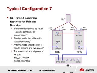 H
UAW
E
IT
E
CH
NOL
OGIE
S Co., L
td. H
UAW
E
IConfidential
Typical Configuration 7
 S4 (Transmit Combining +
Receive Mode Main and
Diversity)
 Transmit mode should be set to
“Transmit combining or
independency”
 Receive mode should be set to
“Receive diversity”
 Antenna mode should be set to
“Single antenna and two receive”
 The maximum transmit power of
RF port:
M900: 15W/TRX
M1800:10W/TRX
RRU
CPRI_E
CPRI_W
RX-in/out
ANT-
TX/RXB
ANT-
TX/RXA
ANT
BBU
CPRI5
CPRI0 CPRI1
RRU
CPRI_E
CPRI_W
RX-in/out
ANT-
TX/RXB
ANT-
TX/RXA
 