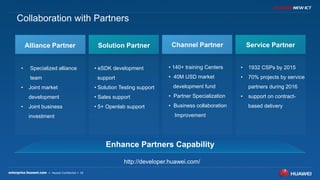 19
Alliance Partner Solution Partner Channel Partner Service Partner
Enhance Partners Capability
• eSDK development
support
• Solution Testing support
• Sales support
• 5+ Openlab support
• 140+ training Centers
• 40M USD market
development fund
• Partner Specialization
• Business collaboration
Improvement
• Specialized alliance
team
• Joint market
development
• Joint business
investment
• 1932 CSPs by 2015
• 70% projects by service
partners during 2016
• support on contract-
based delivery
Collaboration with Partners
http://developer.huawei.com/
 
