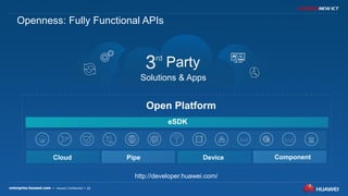 25
Openness: Fully Functional APIs
Solutions & Apps
eSDK
Cloud Pipe Device Component
Open Platform
Party
http://developer.huawei.com/
 