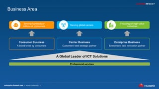 5
Consumer Business
A brand loved by consumers
Carrier Business
Customers' best strategic partner
Enterprise Business
Enterprises' best innovation partner
A Global Leader of ICT Solutions
Business Area
Serving global carriers
Serving hundreds of
millions of consumers
Focusing on high-value
industries
Professional services
 