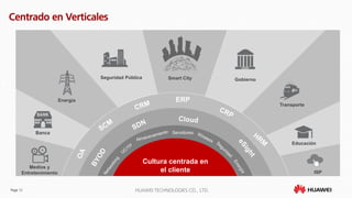 Page 12 HUAWEI TECHNOLOGIES CO., LTD.
ERP
Cultura centrada en
el cliente
Servidores
Centrado en Verticales
Seguridad Pública Gobierno
Transporte
Banca
Medios y
Entretenimiento
Educación
ISP
Energía
Smart City
 