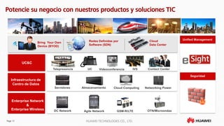 Page 13 HUAWEI TECHNOLOGIES CO., LTD.
UC&C
Seguridad
Unified Management
Bring Your Own
Device (BYOD)
Redes Definidas por
Software (SDN)
Cloud
Data Center
VideoconferenciaTelepresencia IVSUC Contact Center
Infraestructura de
Centro de Datos
Servidores Almacenamiento Cloud Computing Networking Power
Enterprise Network
&
Enterprise Wireless DC Network OTN/MicroondasGSM-R/LTE
Potencie su negocio con nuestros productos y soluciones TIC
Agile Network
 