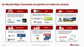 Page 19 HUAWEI TECHNOLOGIES CO., LTD.
Un Mundo Mejor Conectado con partners en todos los sectores
Gobierno TransporteISP
eLTE, GSM-R, In-building coverage, AR con
LTE, Routers industriales, Agile network, etc.
Backbone Network, DC Network, On
Demand Cloud, Big Data storage, eLTE, etc.
Backbone Network, Agile network, On
Demand Cloud, Big Data storage,eLTE,
BYOD, On board communication, etc..
Educación EnergíaMedia
Agile network, On Demand Cloud, Big
data storage, FusionCube, BYOD, etc.
Agile network, High density WIFI, Industry
AR, BYOD, On Demand Cloud, FusionCube,
In-building coverage, etc.
High density WIFI, Agile network,
FusionCube, BYOD, On board
communication, MDC, etc.
 