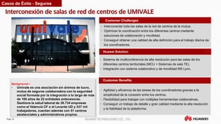 Page 29 HUAWEI TECHNOLOGIES CO., LTD.
Interconexión de salas de red de centros de UMIVALE
Customer Benefits
• Interconectar toda las salas de la red de centros de la mutua.
• Optimizar la coordinación entre los diferentes centros mediante
soluciones de colaboración y movilidad.
• Conseguir obtener una calidad de alta definición para el trabajo diarios de
los coordinadores.
Customer Challenges
Huawei Solution
• Sistema de multiconferencia de alta resolución para las salas de los
diferentes centros territoriales (MCU + Sistemas de sala TE).
• Integración con sistema colaborativo y de movilidad MS Lync.
Background—
• Umivale es una asociación sin ánimos de lucro,
mutua de seguros colaboradora con la seguridad
social formada por la integración a lo largo de más
de 100 años de 22 entidades antecesoras.
Gestiona la salud laboral de 38.734 empresas
como el Valencia CF o el Levante UD y 537 mil
trabajadores, cuentan además con 51 centros
asistenciales y administrativos propios.
Casos de Éxito - Seguros
• Agilidad y eficiencia de las tareas de los coordinadores gracias a la
simplicidad de la conexión entre los centros.
• Flexibilidad para trabajar con múltiples herramientas colaborativas.
• Conseguir un trabajo de detalle y gran calidad mediante la alta resolución
y la fiabilidad de la plataforma.
 