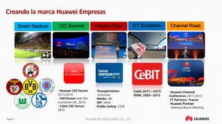 Page 41 HUAWEI TECHNOLOGIES CO., LTD.
Creando la marca Huawei Empresas
Smart Stadium CIO Summit Industry Expo ICT Exhibition Channel Road
• Huawei CIO Forum
2013,2014
• CIO Forum with the
economist UK, 2014
• Cebit CIO Forum
2015
•Transportation:
Innotrans
•Media: IBC
•ISP: WHD
•Public Safety: CCW
•Cebit 2011—2015
•WMC 2005--2015
•Huawei Channel
Conference 2011-2015
•IT Partners- France
•Huawei Partner
Advisory Board Meeting
 