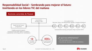 Page 42 HUAWEI TECHNOLOGIES CO., LTD.
Responsabilidad Social – Sembrando para mejorar el futuro:
Invirtiendo en los líderes TIC del mañana
¿A qué nos enfrentamos?
• Alto desempleo juvenil.
• Vacantes por escasos e-skills de candidatos.
Acciones concretas de Huawei
 