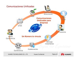 Comunicaciones Unificadas

                                                        Libreta de
                                                       direcciones
                                  VoIP
                                         Comunicaciones                           SMS /
                                                                                  MMS
                                         Unificadas para
                                            Empresa
                eFAX



                                                                               Presencia

  Audio               Un Número te vincula
Conferencia

                                                             Mensaje
                                                           instantáneo


            Vídeo             Colaboración
          Conferencia

  HUAWEI TECHNOLOGIES CO., LTD.      Huawei Confidential           Página 22
 
