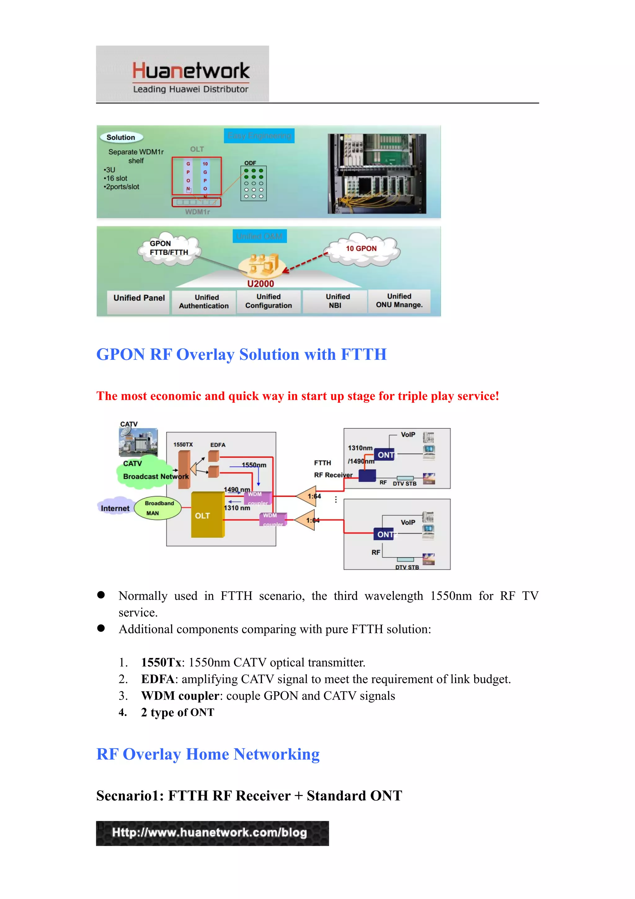 GPON RF Overlay Solution with FTTH 
The most economic and quick way in start up stage for triple play service! 
 Normally used in FTTH scenario, the third wavelength 1550nm for RF TV 
service. 
 Additional components comparing with pure FTTH solution: 
1. 1550Tx: 1550nm CATV optical transmitter. 
2. EDFA: amplifying CATV signal to meet the requirement of link budget. 
3. WDM coupler: couple GPON and CATV signals 
4. 2 type of ONT 
RF Overlay Home Networking 
Secnario1: FTTH RF Receiver + Standard ONT 
11 
 