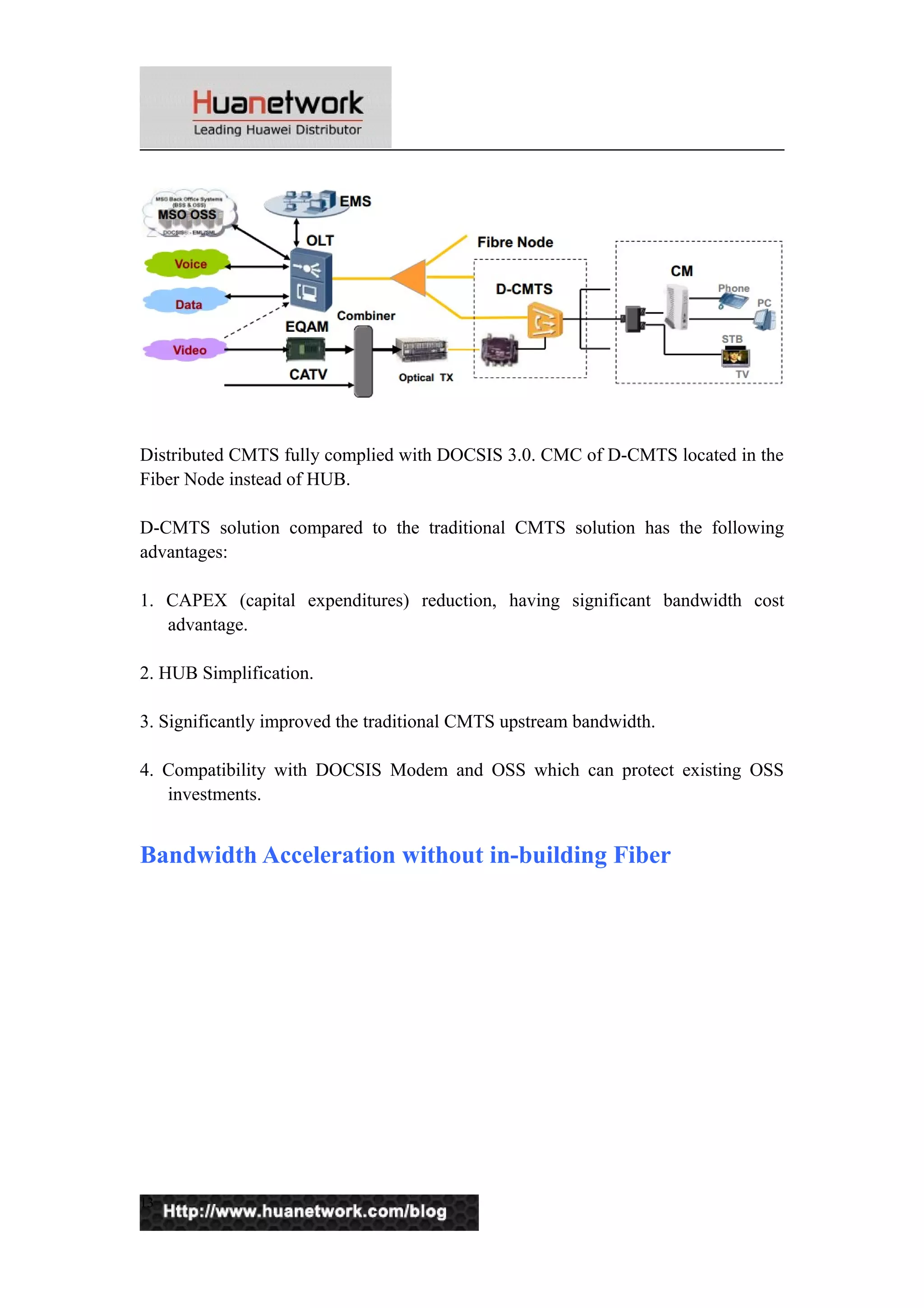 Distributed CMTS fully complied with DOCSIS 3.0. CMC of D-CMTS located in the 
Fiber Node instead of HUB. 
D-CMTS solution compared to the traditional CMTS solution has the following 
advantages: 
1. CAPEX (capital expenditures) reduction, having significant bandwidth cost 
advantage. 
2. HUB Simplification. 
3. Significantly improved the traditional CMTS upstream bandwidth. 
4. Compatibility with DOCSIS Modem and OSS which can protect existing OSS 
investments. 
Bandwidth Acceleration without in-building Fiber 
13 
 