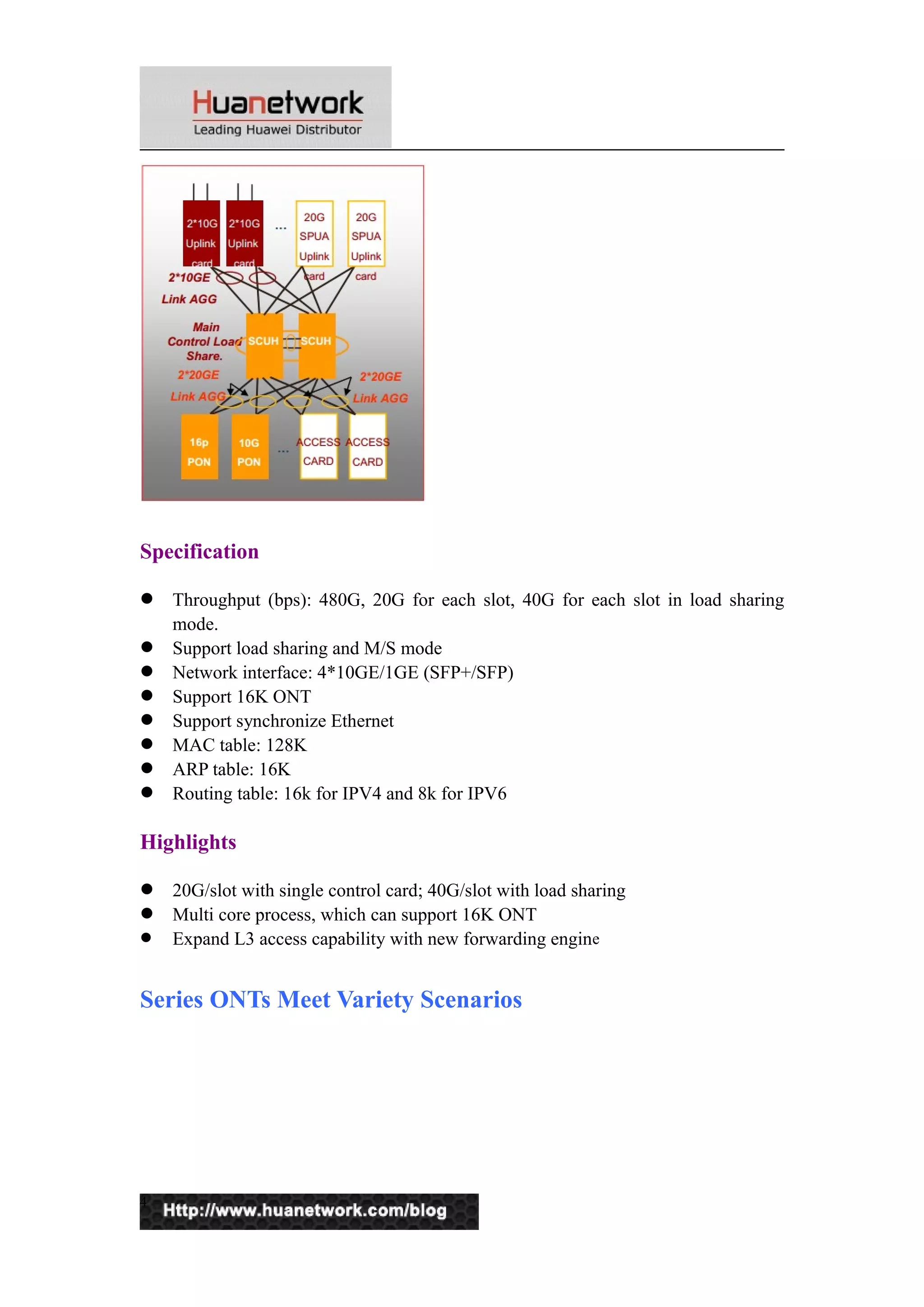 Specification 
 Throughput (bps): 480G, 20G for each slot, 40G for each slot in load sharing 
mode. 
 Support load sharing and M/S mode 
 Network interface: 4*10GE/1GE (SFP+/SFP) 
 Support 16K ONT 
 Support synchronize Ethernet 
 MAC table: 128K 
 ARP table: 16K 
 Routing table: 16k for IPV4 and 8k for IPV6 
Highlights 
 20G/slot with single control card; 40G/slot with load sharing 
 Multi core process, which can support 16K ONT 
 Expand L3 access capability with new forwarding engine 
Series ONTs Meet Variety Scenarios 
4 
 