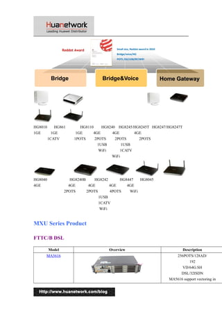 HG8010 HG861 HG8110 HG8240 HG8245/HG8245T HG8247/HG8247T 
1GE 1GE 1GE 4GE 4GE 4GE 
1CATV 1POTS 2POTS 2POTS 2POTS 
1USB 1USB 
WiFi 1CATV 
WiFi 
HG8040 HG8240B HG8242 HG8447 HG8045 
4GE 4GE 4GE 4GE 4GE 
2POTS 2POTS 4POTS WiFi 
1USB 
1CATV 
WiFi 
MXU Series Product 
FTTC/B DSL 
Model Overview Description 
MA5616 256POTS/128AD/ 
192 
VD/64G.SH 
DSL/32ISDN 
MA5616 support vectoring in 
5 
 