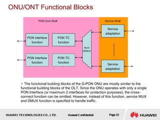 HUAWEI TECHNOLOGIES CO., LTD. Huawei Confidential Page 23
ONU/ONT Functional Blocks
PON interface
function
PON interface
function
PON TC
function
PON TC
function
Service
adaptation
Service
adaptation
PON Core Shell Service Shell
MUX/
DEMUX
 The functional building blocks of the G-PON ONU are mostly similar to the
functional building blocks of the OLT. Since the ONU operates with only a single
PON Interface (or maximum 2 interfaces for protection purposes), the cross-
connect function can be omitted. However, instead of this function, service MUX
and DMUX function is specified to handle traffic.
 