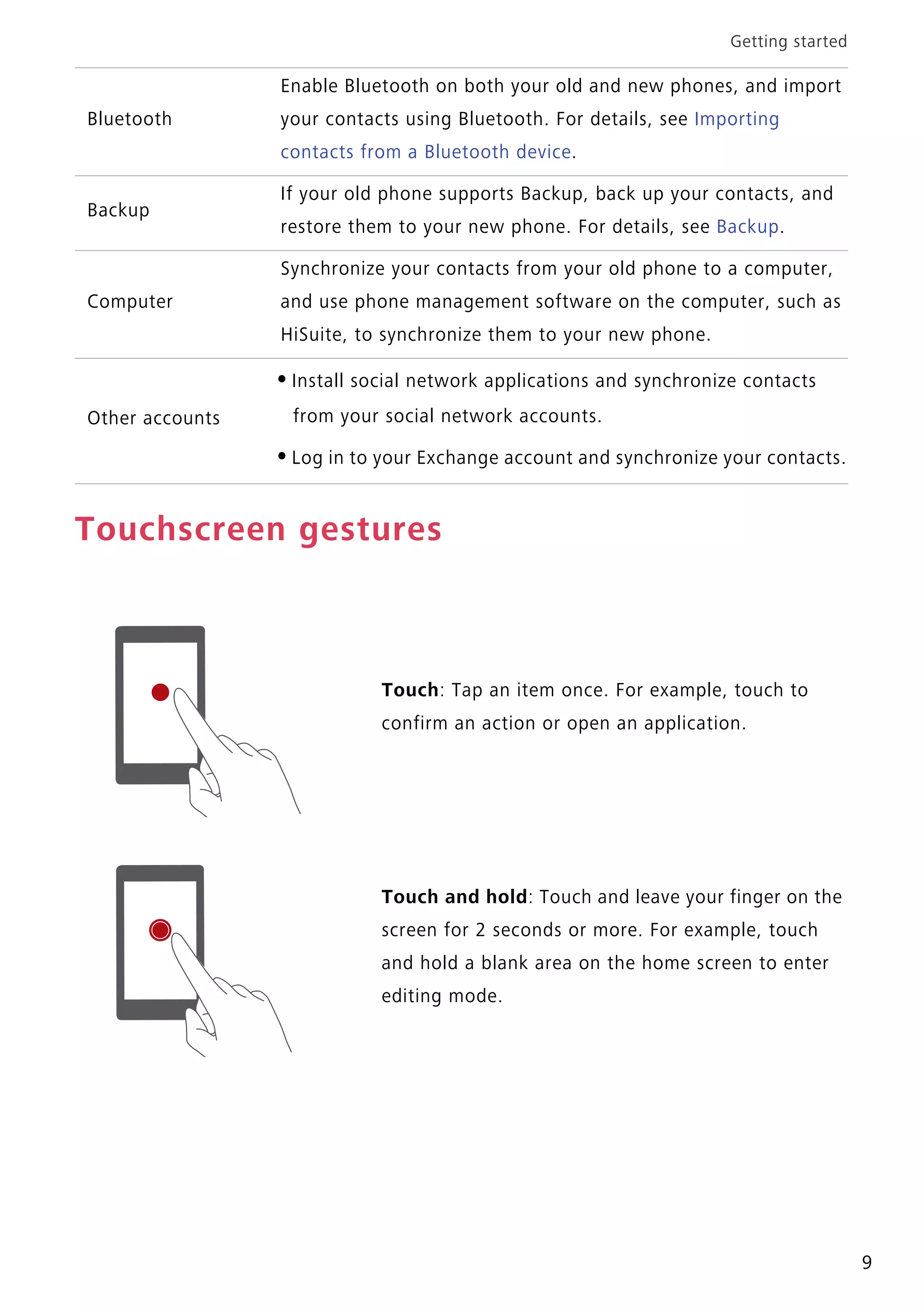 Getting started
9
Touchscreen gestures
Bluetooth
Enable Bluetooth on both your old and new phones, and import
your contacts using Bluetooth. For details, see Importing
contacts from a Bluetooth device.
Backup
If your old phone supports Backup, back up your contacts, and
restore them to your new phone. For details, see Backup.
Computer
Synchronize your contacts from your old phone to a computer,
and use phone management software on the computer, such as
HiSuite, to synchronize them to your new phone.
Other accounts
•Install social network applications and synchronize contacts
from your social network accounts.
•Log in to your Exchange account and synchronize your contacts.
Touch: Tap an item once. For example, touch to
confirm an action or open an application.
Touch and hold: Touch and leave your finger on the
screen for 2 seconds or more. For example, touch
and hold a blank area on the home screen to enter
editing mode.
 