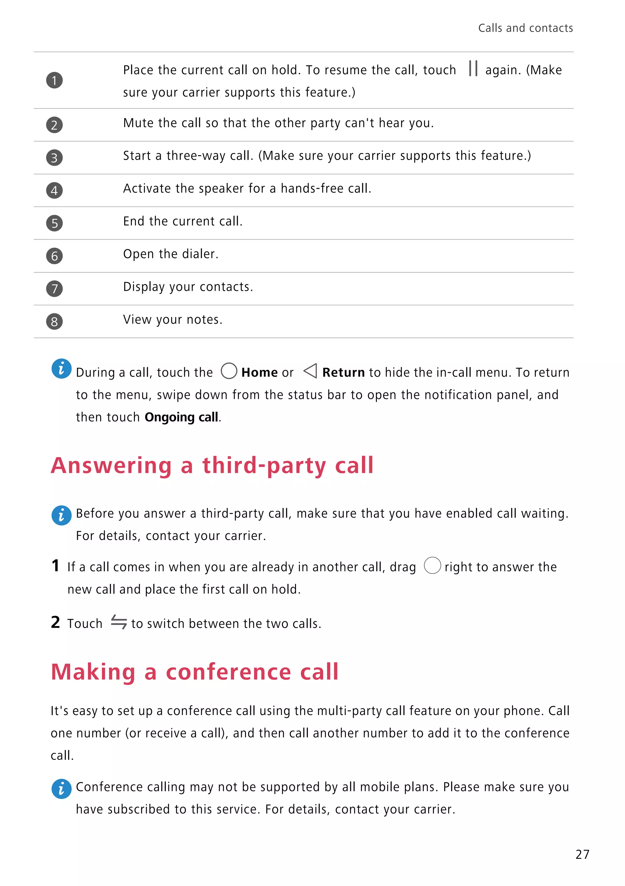 Calls and contacts
27
During a call, touch the Home or Return to hide the in-call menu. To return
to the menu, swipe down from the status bar to open the notification panel, and
then touch Ongoing call.
Answering a third-party call
Before you answer a third-party call, make sure that you have enabled call waiting.
For details, contact your carrier.
1 If a call comes in when you are already in another call, drag right to answer the
new call and place the first call on hold.
2 Touch to switch between the two calls.
Making a conference call
It's easy to set up a conference call using the multi-party call feature on your phone. Call
one number (or receive a call), and then call another number to add it to the conference
call.
Conference calling may not be supported by all mobile plans. Please make sure you
have subscribed to this service. For details, contact your carrier.
Place the current call on hold. To resume the call, touch again. (Make
sure your carrier supports this feature.)
Mute the call so that the other party can't hear you.
Start a three-way call. (Make sure your carrier supports this feature.)
Activate the speaker for a hands-free call.
End the current call.
Open the dialer.
Display your contacts.
View your notes.
1
2
3
4
5
6
7
8
 