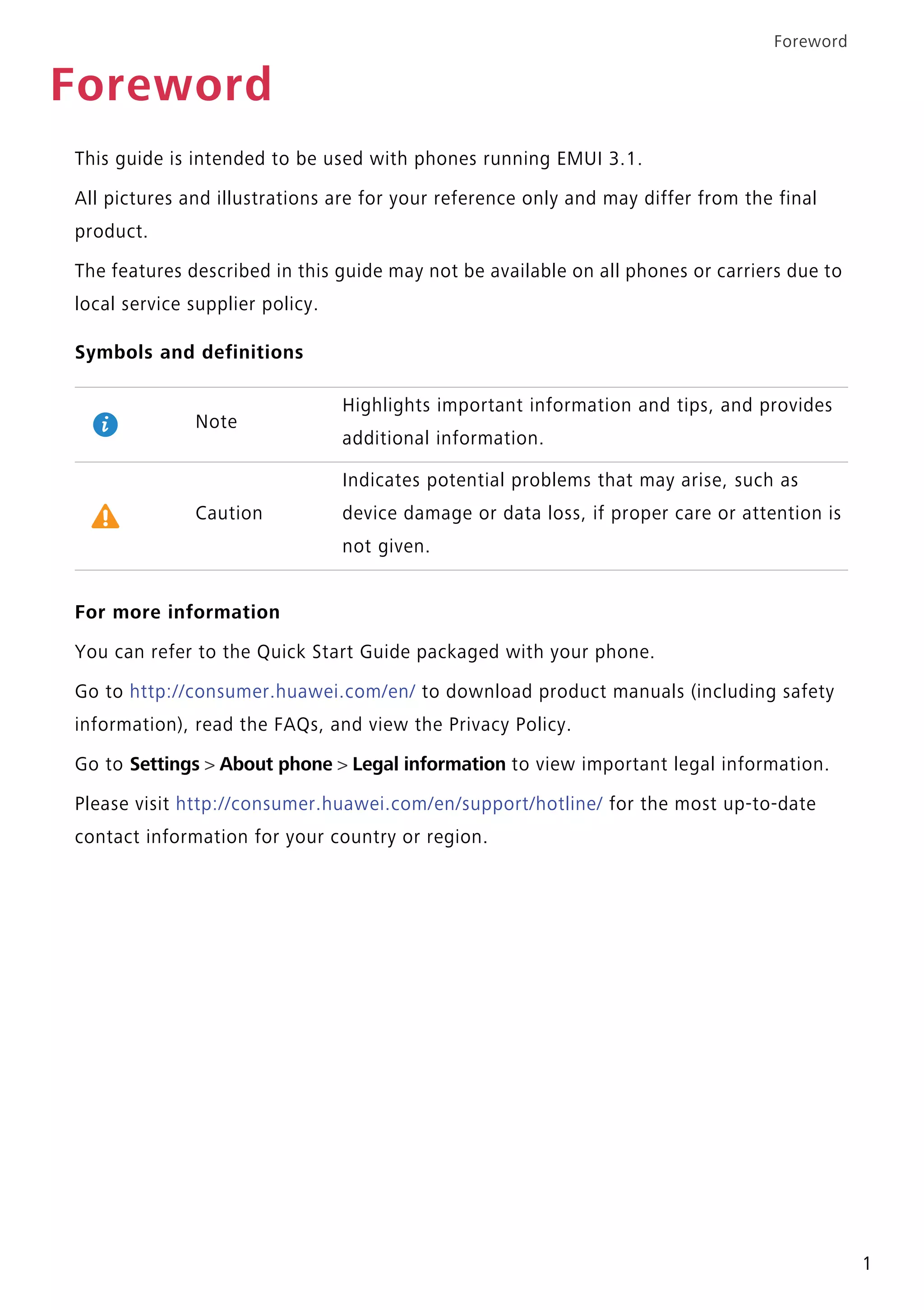 Foreword
1
Foreword
This guide is intended to be used with phones running EMUI 3.1.
All pictures and illustrations are for your reference only and may differ from the final
product.
The features described in this guide may not be available on all phones or carriers due to
local service supplier policy.
Symbols and definitions
For more information
You can refer to the Quick Start Guide packaged with your phone.
Go to http://consumer.huawei.com/en/ to download product manuals (including safety
information), read the FAQs, and view the Privacy Policy.
Go to Settings > About phone > Legal information to view important legal information.
Please visit http://consumer.huawei.com/en/support/hotline/ for the most up-to-date
contact information for your country or region.
Note
Highlights important information and tips, and provides
additional information.
Caution
Indicates potential problems that may arise, such as
device damage or data loss, if proper care or attention is
not given.
 