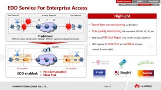HISILICON SEMICONDUCTORHUAWEI TECHNOLOGIES CO., LTD. Page 17
EDD Service For Enterprise Access
ATN ATN
Co-Location Co-Location
 Fast demarcation
 Clear SLA
Highlight
• Tester-free commissioning via RFC2544
• SLA quality monitoring via innovative IP FPM, Y.1731, etc.
• Web based VIP SLA Report via utraffic analysis platform
• FMC capable for wire line and wireless services
(macro & micro cells)
uTraffic
PE PEP
User Network User NetworkProvider Network
CPE CPE
?
Traditional:
Difficult Failure Demarcation between different operators/department/users
?
?
PortfolioMulti-Service O&M
eMBMS small cell Enterprise EDD Ipsec
EDD enabled:
 