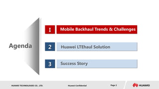 HUAWEI TECHNOLOGIES CO., LTD. Huawei Confidential Page 2
I
2
3
Mobile Backhaul Trends & Challenges
Huawei LTEhaul Solution
Success Story
Agenda
 