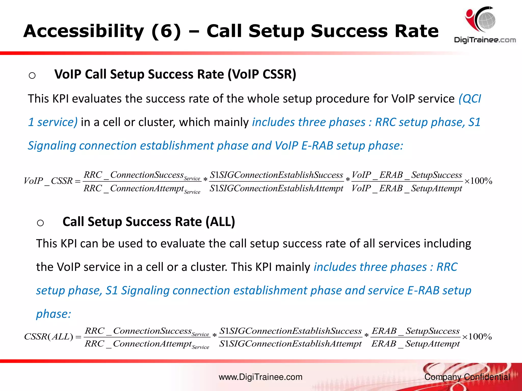 www.DigiTrainee.com Company Confidential
Accessibility (6) – Call Setup Success Rate
o VoIP Call Setup Success Rate (VoIP CSSR)
This KPI evaluates the success rate of the whole setup procedure for VoIP service (QCI
1 service) in a cell or cluster, which mainly includes three phases : RRC setup phase, S1
Signaling connection establishment phase and VoIP E-RAB setup phase:
_ 1 _ _
_ * * 100%
_ 1 _ _
Service
Service
RRC ConnectionSuccess S SIGConnectionEstablishSuccess VoIP ERAB SetupSuccess
VoIP CSSR
RRC ConnectionAttempt S SIGConnectionEstablishAttempt VoIP ERAB SetupAttempt
 
o Call Setup Success Rate (ALL)
This KPI can be used to evaluate the call setup success rate of all services including
the VoIP service in a cell or a cluster. This KPI mainly includes three phases : RRC
setup phase, S1 Signaling connection establishment phase and service E-RAB setup
phase:
_ 1 _
( ) * * 100%
_ 1 _
Service
Service
RRC ConnectionSuccess S SIGConnectionEstablishSuccess ERAB SetupSuccess
CSSR ALL
RRC ConnectionAttempt S SIGConnectionEstablishAttempt ERAB SetupAttempt
 
 