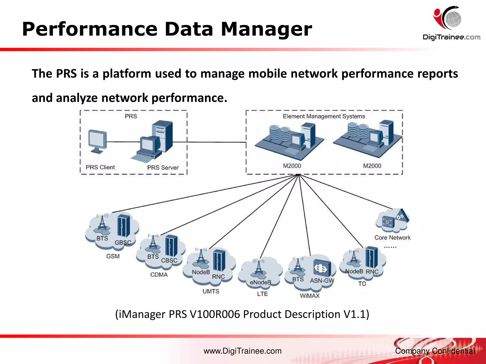 www.DigiTrainee.com Company Confidential
Performance Data Manager
(iManager PRS V100R006 Product Description V1.1)
The PRS is a platform used to manage mobile network performance reports
and analyze network performance.
 