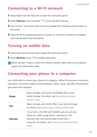 Getting started
10
Connecting to a Wi-Fi network
1 Swipe down from the status bar to open the notification panel.
2 Under Shortcuts, touch and hold to enter the Wi-Fi settings.
3 Turn on Wi-Fi. Your phone then scans for available Wi-Fi networks and lists them on
the screen.
4 Select the Wi-Fi network you want to connect to. If the Wi-Fi network is encrypted,
enter the password when prompted.
Turning on mobile data
1 Swipe down from the status bar to open the notification panel.
2 Under Shortcuts, touch to enable mobile data.
When you don't need to access the Internet, disable mobile data to save battery
power and reduce data usage.
Connecting your phone to a computer
Use a USB cable to connect your phone to a computer. Follow the onscreen instructions
and select a connection mode to transfer photos, videos, songs, and other files between
your phone and computer.
Photos
Read, manage, and transfer multimedia files in your
phone storage. For details, see Connecting in picture
transfer mode.
Files
Read, manage, and transfer files in your phone storage.
For details, see Connecting in media transfer mode.
USB drive
If you have a microSD card installed, you can use your
phone as a USB storage device, read data on the
microSD card, and transfer data to and from a
computer. For details, see Connecting in USB flash drive
mode.
 