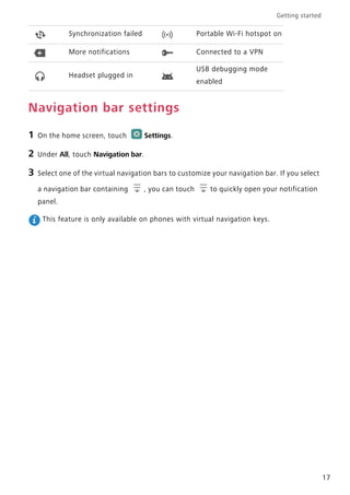 Getting started
17
Navigation bar settings
1 On the home screen, touch Settings.
2 Under All, touch Navigation bar.
3 Select one of the virtual navigation bars to customize your navigation bar. If you select
a navigation bar containing , you can touch to quickly open your notification
panel.
This feature is only available on phones with virtual navigation keys.
Synchronization failed Portable Wi-Fi hotspot on
More notifications Connected to a VPN
Headset plugged in
USB debugging mode
enabled
 