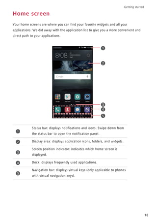 Getting started
18
Home screen
Your home screens are where you can find your favorite widgets and all your
applications. We did away with the application list to give you a more convenient and
direct path to your applications.
Status bar: displays notifications and icons. Swipe down from
the status bar to open the notification panel.
Display area: displays application icons, folders, and widgets.
Screen position indicator: indicates which home screen is
displayed.
Dock: displays frequently used applications.
Navigation bar: displays virtual keys (only applicable to phones
with virtual navigation keys).
1
2
3
4
5
1
2
3
4
5
 