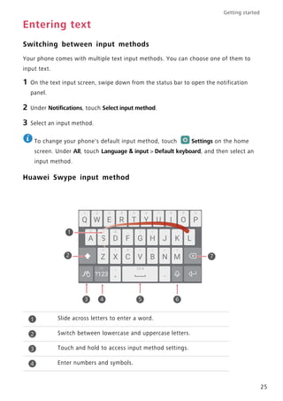 Getting started
25
Entering text
Switching between input methods
Your phone comes with multiple text input methods. You can choose one of them to
input text.
1 On the text input screen, swipe down from the status bar to open the notification
panel.
2 Under Notifications, touch Select input method.
3 Select an input method.
To change your phone's default input method, touch Settings on the home
screen. Under All, touch Language & input > Default keyboard, and then select an
input method.
Huawei Swype input method
Slide across letters to enter a word.
Switch between lowercase and uppercase letters.
Touch and hold to access input method settings.
Enter numbers and symbols.
2
3 4 65
1
8
7
1
2
3
4
 
