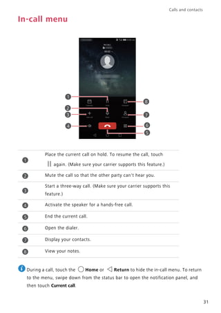 Calls and contacts
31
In-call menu
During a call, touch the Home or Return to hide the in-call menu. To return
to the menu, swipe down from the status bar to open the notification panel, and
then touch Current call.
Place the current call on hold. To resume the call, touch
again. (Make sure your carrier supports this feature.)
Mute the call so that the other party can't hear you.
Start a three-way call. (Make sure your carrier supports this
feature.)
Activate the speaker for a hands-free call.
End the current call.
Open the dialer.
Display your contacts.
View your notes.
6
7
98
1
3
4
2
5
1
2
3
4
5
6
7
8
 