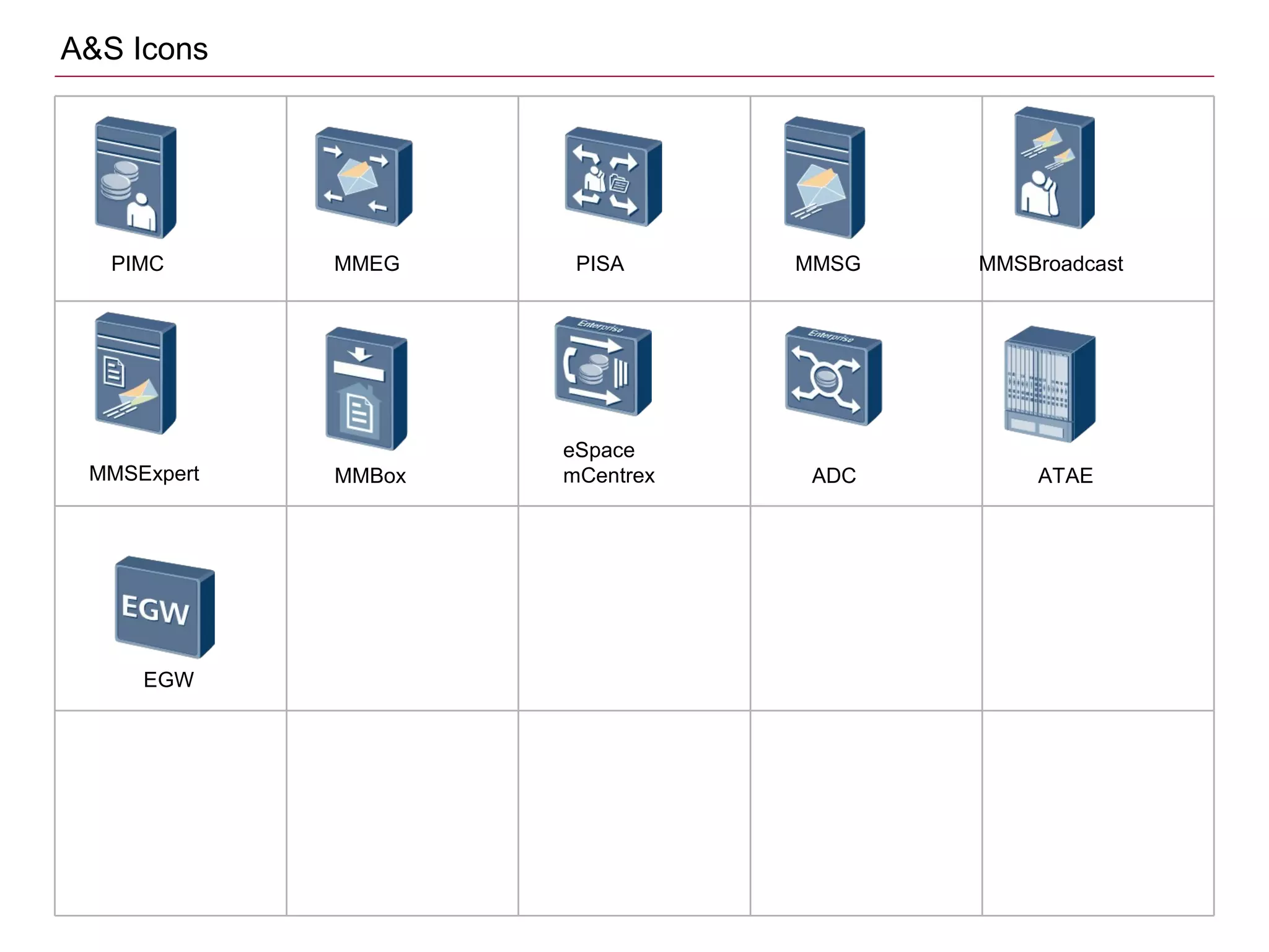 PIMC PISA MMSG MMSBroadcastMMEG
MMSExpert MMBox ADC ATAE
eSpace
mCentrex
A&S Icons
EGW
 