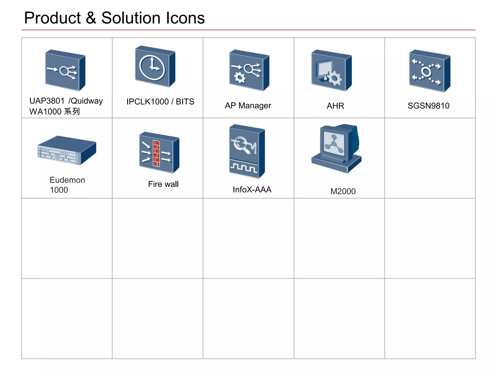 Product & Solution Icons
UAP3801 /Quidway
WA1000 系列
IPCLK1000 / BITS AP Manager AHR SGSN9810
Eudemon
1000 InfoX-AAA M2000
Fire wall
 