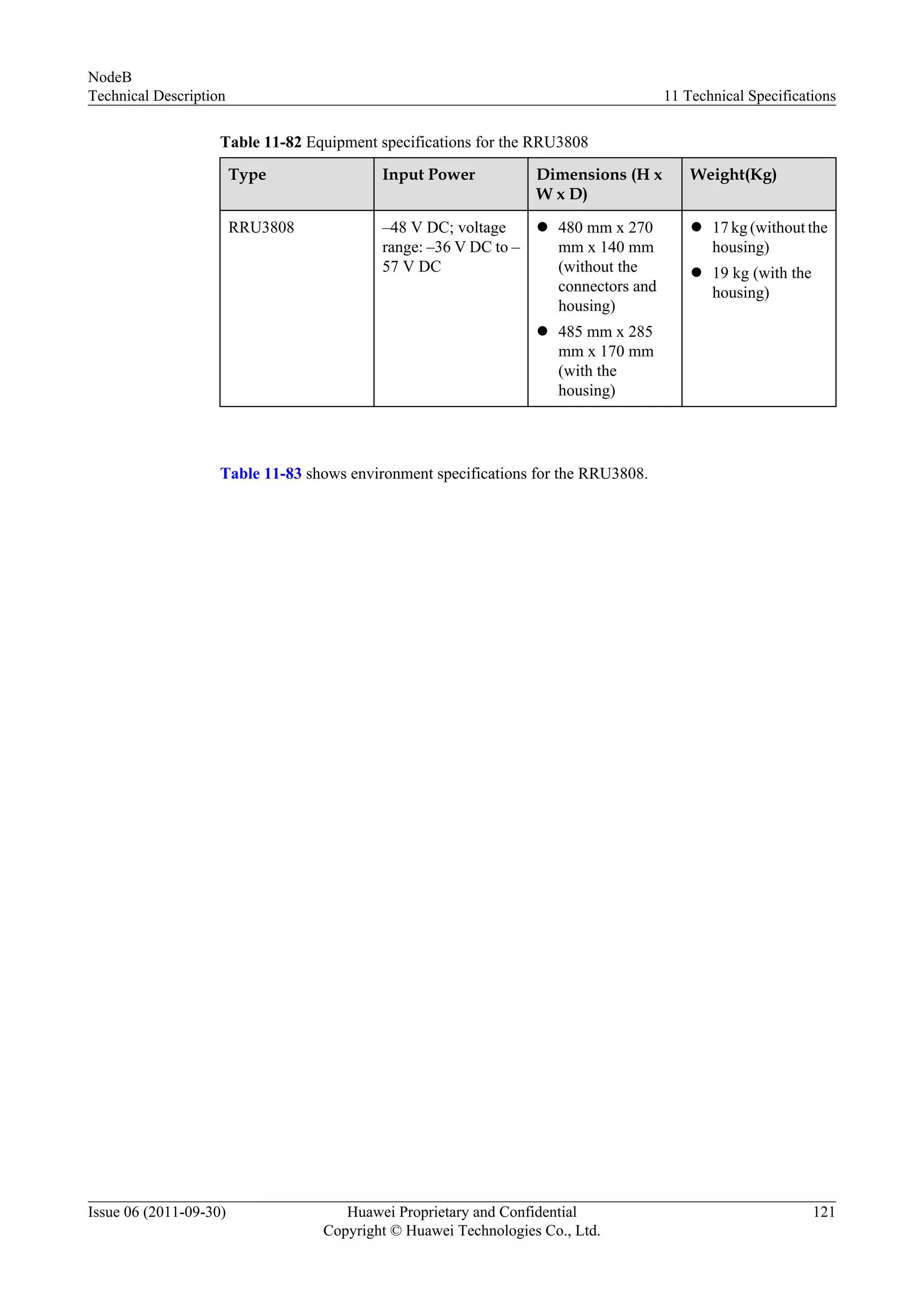 Table 11-82 Equipment specifications for the RRU3808
Type Input Power Dimensions (H x
W x D)
Weight(Kg)
RRU3808 –48 V DC; voltage
range: –36 V DC to –
57 V DC
l 480 mm x 270
mm x 140 mm
(without the
connectors and
housing)
l 485 mm x 285
mm x 170 mm
(with the
housing)
l 17 kg (without the
housing)
l 19 kg (with the
housing)
Table 11-83 shows environment specifications for the RRU3808.
NodeB
Technical Description 11 Technical Specifications
Issue 06 (2011-09-30) Huawei Proprietary and Confidential
Copyright © Huawei Technologies Co., Ltd.
121
 