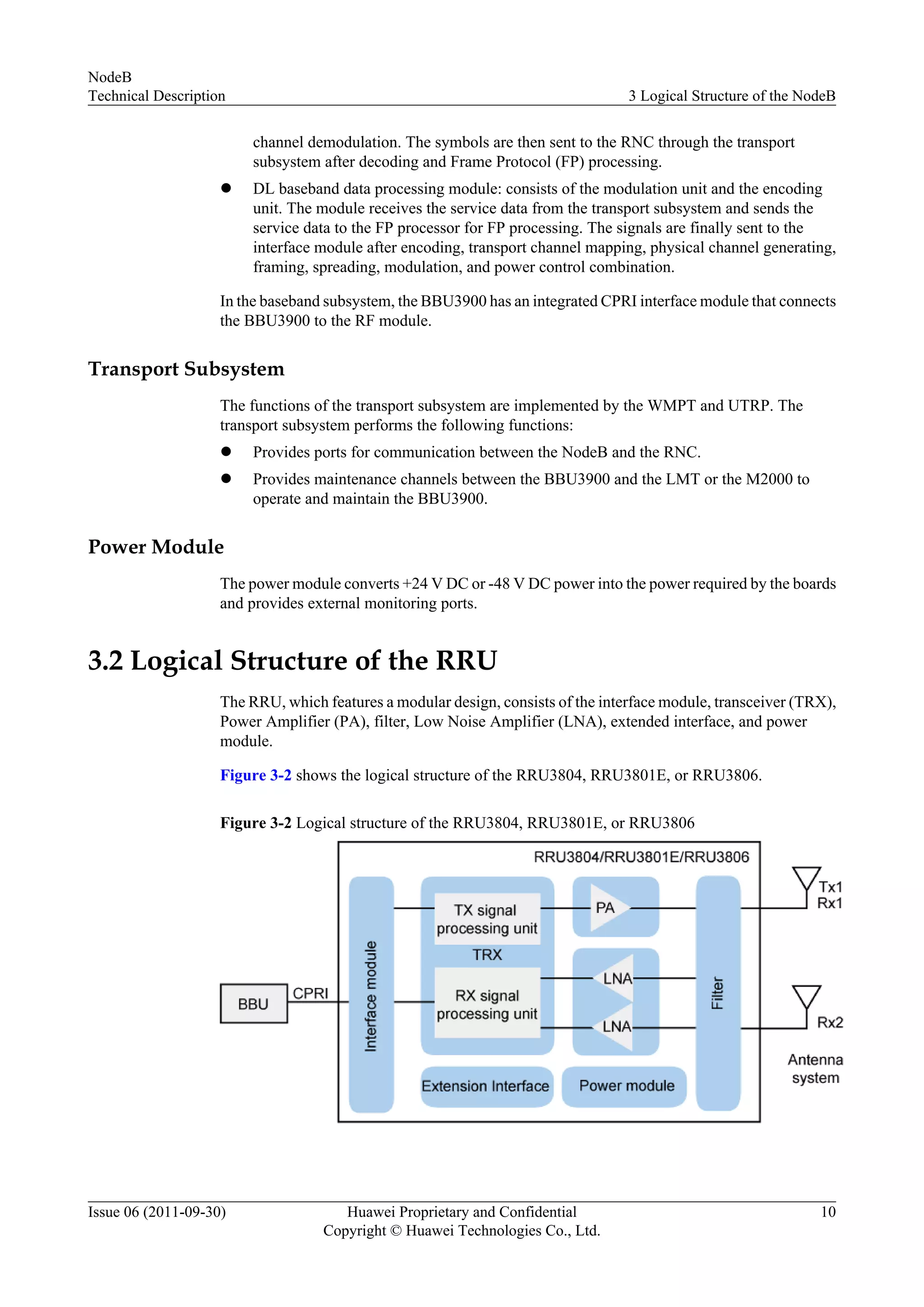 channel demodulation. The symbols are then sent to the RNC through the transport
subsystem after decoding and Frame Protocol (FP) processing.
l DL baseband data processing module: consists of the modulation unit and the encoding
unit. The module receives the service data from the transport subsystem and sends the
service data to the FP processor for FP processing. The signals are finally sent to the
interface module after encoding, transport channel mapping, physical channel generating,
framing, spreading, modulation, and power control combination.
In the baseband subsystem, the BBU3900 has an integrated CPRI interface module that connects
the BBU3900 to the RF module.
Transport Subsystem
The functions of the transport subsystem are implemented by the WMPT and UTRP. The
transport subsystem performs the following functions:
l Provides ports for communication between the NodeB and the RNC.
l Provides maintenance channels between the BBU3900 and the LMT or the M2000 to
operate and maintain the BBU3900.
Power Module
The power module converts +24 V DC or -48 V DC power into the power required by the boards
and provides external monitoring ports.
3.2 Logical Structure of the RRU
The RRU, which features a modular design, consists of the interface module, transceiver (TRX),
Power Amplifier (PA), filter, Low Noise Amplifier (LNA), extended interface, and power
module.
Figure 3-2 shows the logical structure of the RRU3804, RRU3801E, or RRU3806.
Figure 3-2 Logical structure of the RRU3804, RRU3801E, or RRU3806
NodeB
Technical Description 3 Logical Structure of the NodeB
Issue 06 (2011-09-30) Huawei Proprietary and Confidential
Copyright © Huawei Technologies Co., Ltd.
10
 