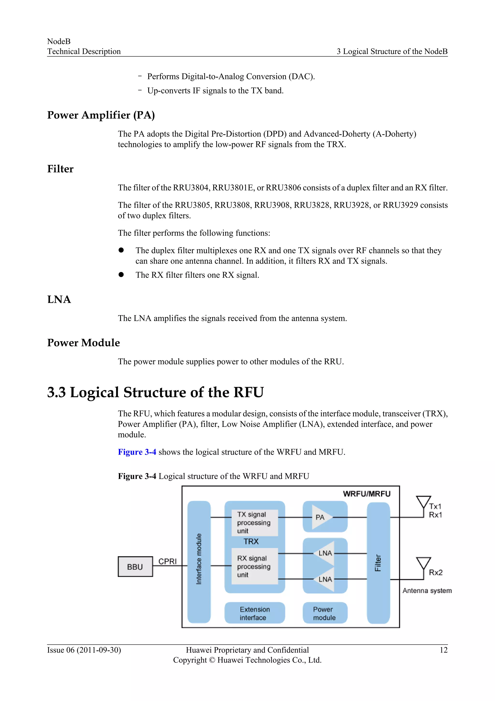 – Performs Digital-to-Analog Conversion (DAC).
– Up-converts IF signals to the TX band.
Power Amplifier (PA)
The PA adopts the Digital Pre-Distortion (DPD) and Advanced-Doherty (A-Doherty)
technologies to amplify the low-power RF signals from the TRX.
Filter
The filter of the RRU3804, RRU3801E, or RRU3806 consists of a duplex filter and an RX filter.
The filter of the RRU3805, RRU3808, RRU3908, RRU3828, RRU3928, or RRU3929 consists
of two duplex filters.
The filter performs the following functions:
l The duplex filter multiplexes one RX and one TX signals over RF channels so that they
can share one antenna channel. In addition, it filters RX and TX signals.
l The RX filter filters one RX signal.
LNA
The LNA amplifies the signals received from the antenna system.
Power Module
The power module supplies power to other modules of the RRU.
3.3 Logical Structure of the RFU
The RFU, which features a modular design, consists of the interface module, transceiver (TRX),
Power Amplifier (PA), filter, Low Noise Amplifier (LNA), extended interface, and power
module.
Figure 3-4 shows the logical structure of the WRFU and MRFU.
Figure 3-4 Logical structure of the WRFU and MRFU
NodeB
Technical Description 3 Logical Structure of the NodeB
Issue 06 (2011-09-30) Huawei Proprietary and Confidential
Copyright © Huawei Technologies Co., Ltd.
12
 